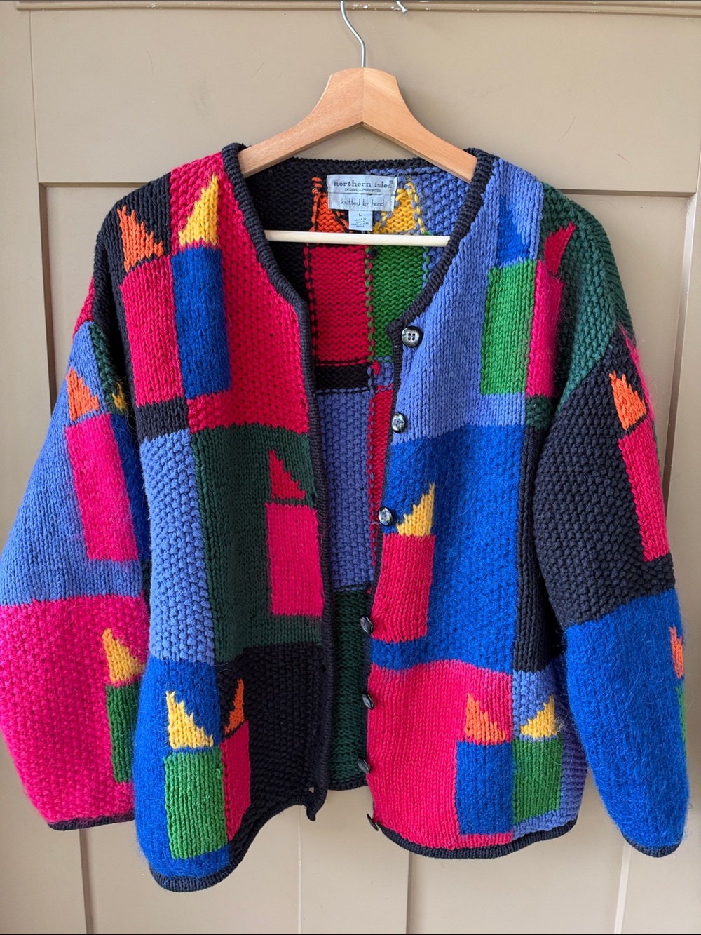 Northern Isles Vtg Sz L Hand Knitted Patchwork Chunky Cardigan Sweater Multicolo